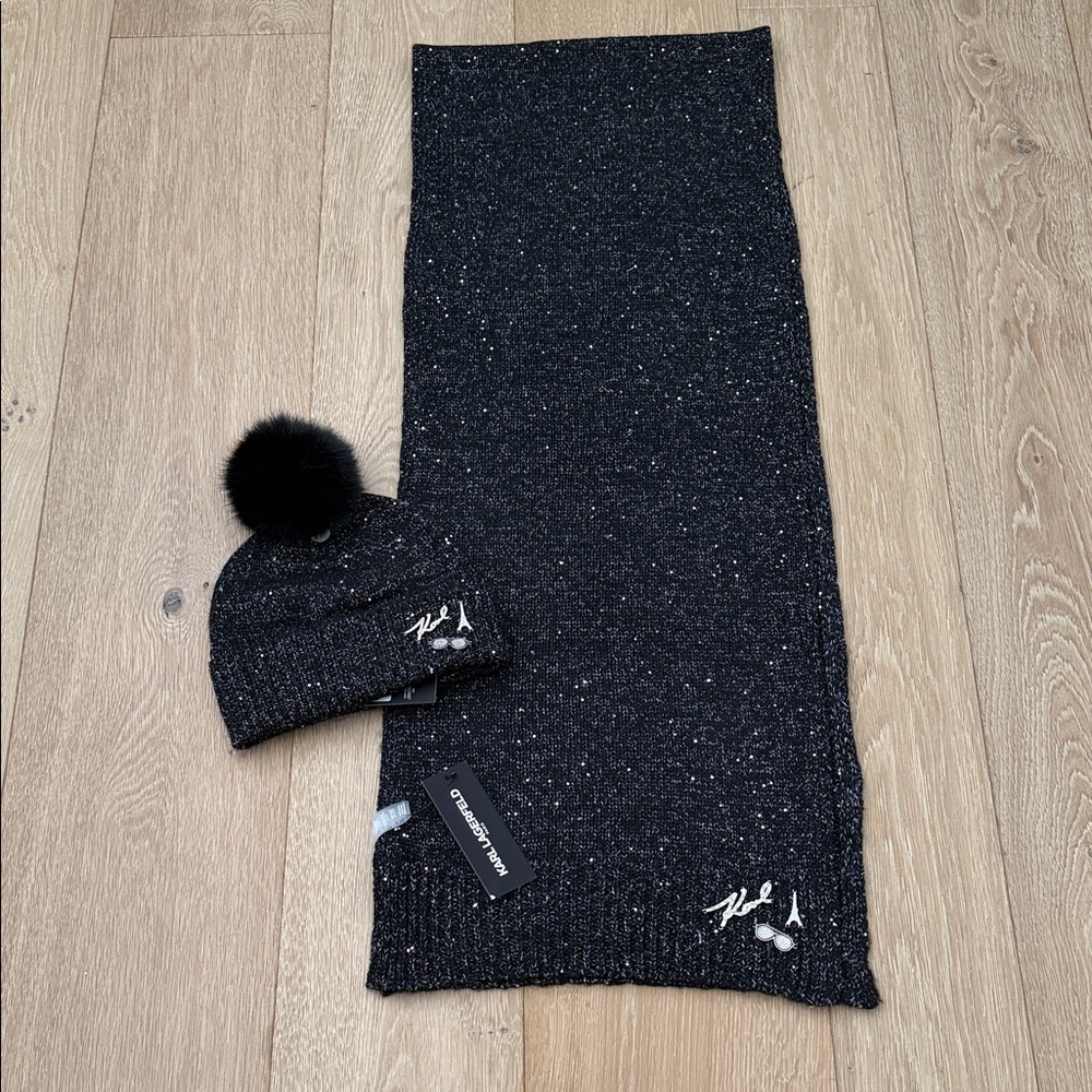 Karl Lagerfeld Black Sequin Hat and Scarf Set